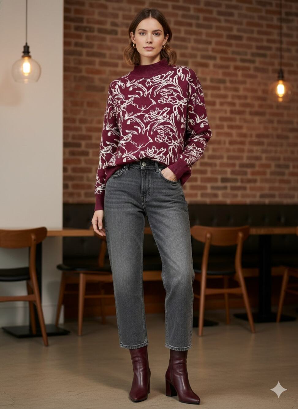Amour Vert Women’s organic Cotton Burgundy sweater boho retro Size L relaxed